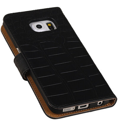 Hoesje voor Samsung Galaxy S6 Edge Krokodil Booktype Wallet Zwart