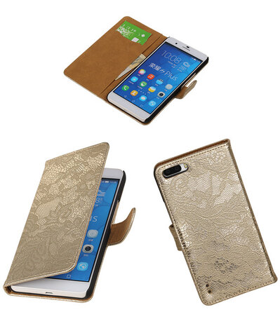 Huawei Honor 6 Plus Lace Kant Booktype Wallet Hoesje Goud