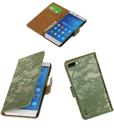Huawei Honor 6 Plus Lace Kant Booktype Wallet Hoesje Donker Groen