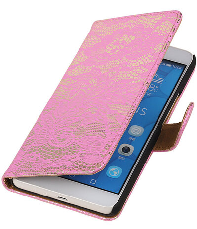 Huawei Honor 6 Plus Lace Kant Booktype Wallet Hoesje Roze