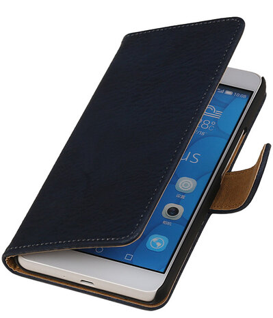 Huawei Honor 6x Plus Bark Hout Booktype Wallet Hoesje Donker Blauw