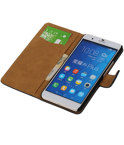 Huawei Honor 6 Plus Bark Hout Booktype Wallet Hoesje Donker Blauw