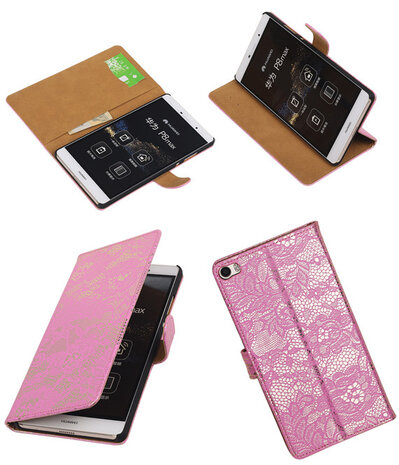 Huawei P8 Max Lace Kant Booktype Wallet Hoesje Roze