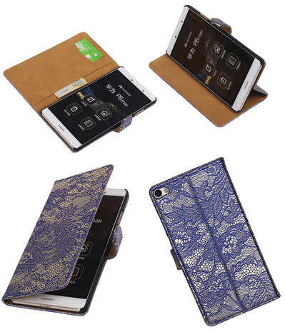 Huawei P8 Max Lace Kant Booktype Wallet Hoesje Blauw