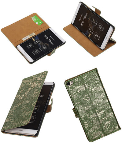 Huawei P8 Max Lace Kant Booktype Wallet Hoesje Donker Groen