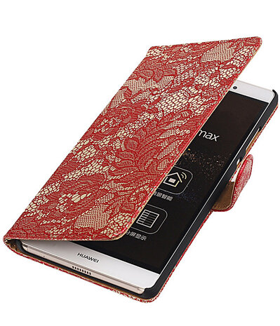 Huawei P8 Max Lace Kant Booktype Wallet Hoesje Donker Rood