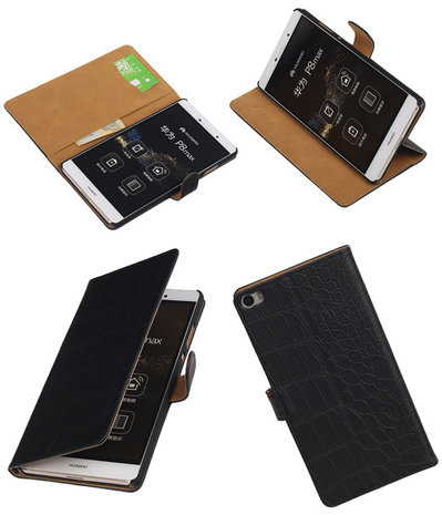 Huawei P8 Max Croco Booktype Wallet Hoesje Zwart