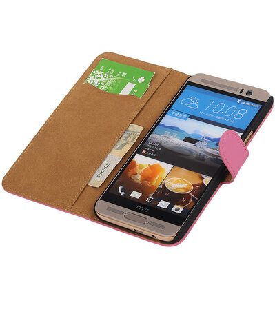 HTC One M9 Plus Effen Booktype Wallet Hoesje Roze