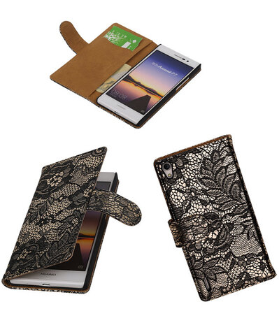 Huawei Ascend P7 - Lace Zwart Booktype Wallet Hoesje