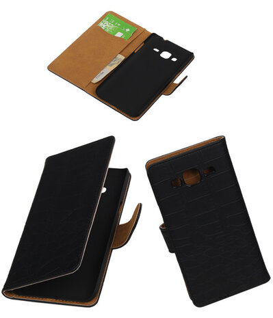 Samsung Galaxy J3 - Krokodil Zwart Booktype Wallet Hoesje