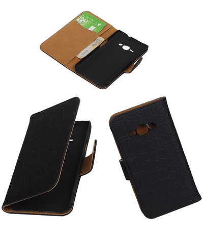 Samsung Galaxy J1 Ace - Krokodil Zwart Booktype Wallet Hoesje