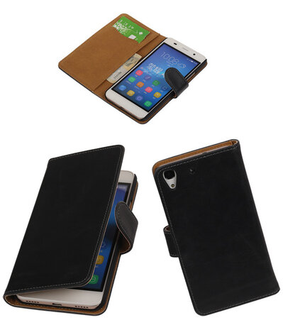 Zwart Pull-Up PU Hoesje Huawei Honor 4A Booktype Wallet Cover