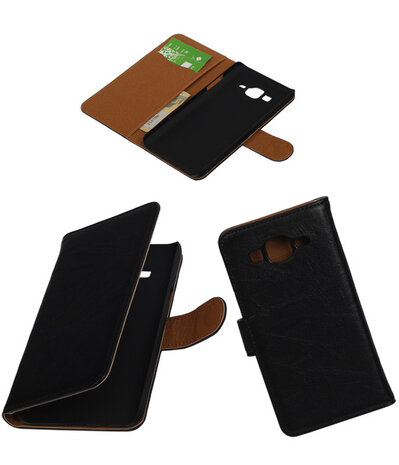 Zwart Echt Leer Booktype Samsung Galaxy On5 Wallet Cover Hoesje