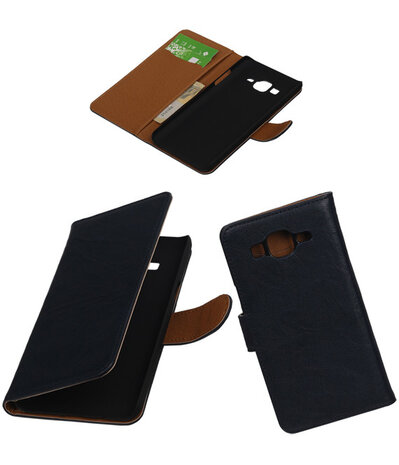 Donker Blauw Echt Leer Booktype Samsung Galaxy On5 Wallet Cover Hoesje