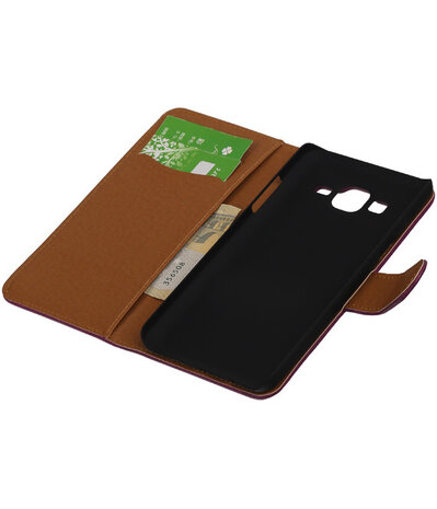 Paars Echt Leer Booktype Samsung Galaxy On5 Wallet Cover Hoesje