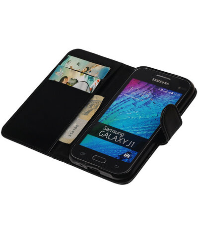 Zwart Smartphone TPU Booktype Samsung Galaxy J1 Wallet Cover Hoesje