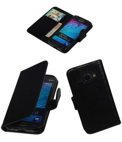 Zwart Smartphone TPU Booktype Samsung Galaxy J1 Wallet Cover Hoesje