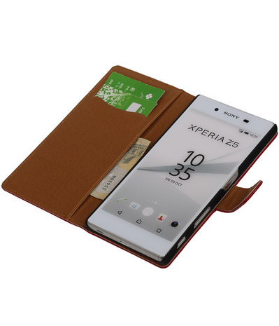 Roze Echt Leer Booktype Sony Experia Z5 Wallet Cover Hoesje