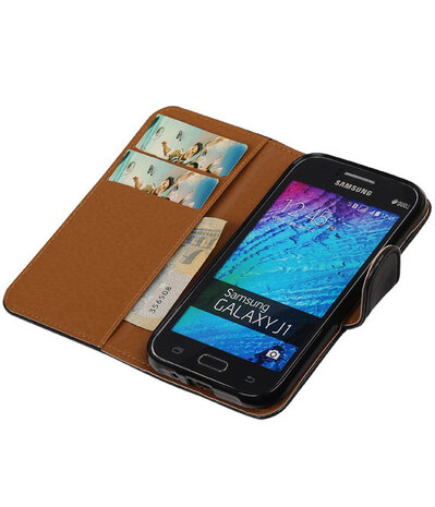 Zwart Pull-Up PU Hoesje Samsung Galaxy J1 Booktype Wallet Cover