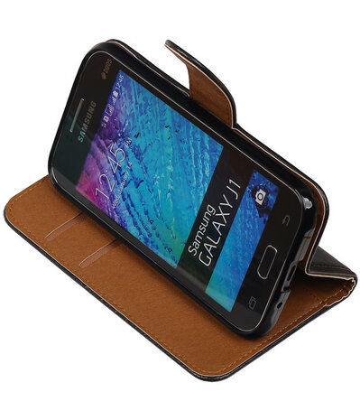 Zwart Pull-Up PU Hoesje Samsung Galaxy J1 Booktype Wallet Cover