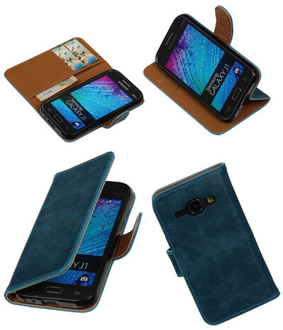 Blauw Pull-Up PU Hoesje Samsung Galaxy J1 Booktype Wallet Cover