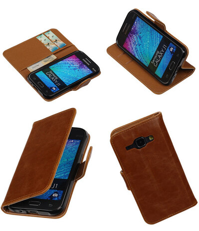 Bruin Pull-Up PU Hoesje Samsung Galaxy J1 Booktype Wallet Cover