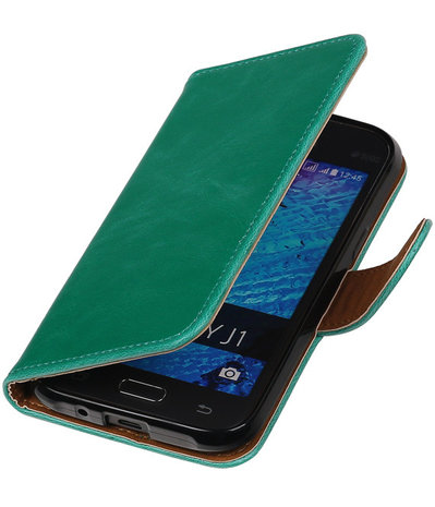 Groen Pull-Up PU Hoesje Samsung Galaxy J1 Booktype Wallet Cover