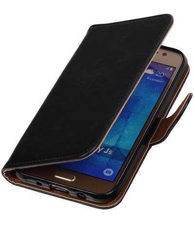 Zwart Pull-Up PU Hoesje Samsung Galaxy J5 Booktype Wallet Cover