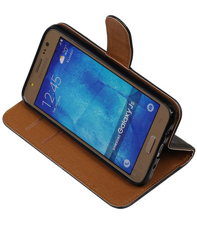 Zwart Pull-Up PU Hoesje Samsung Galaxy J5 Booktype Wallet Cover