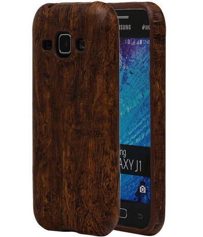 Donker Bruin Hout TPU Cover Case voor Samsung Galaxy J1 Hoesje