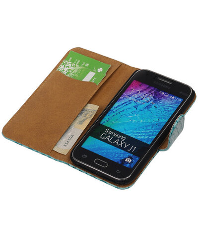 Turquoise Slangen / Snake Design Book Cover Hoesje Samsung Galaxy J1