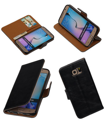 Zwart Pull-Up PU Hoesje Samsung Galaxy S6 Booktype Wallet Cover