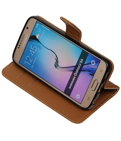 Bruin Pull-Up PU Hoesje Samsung Galaxy S6 Booktype Wallet Cover