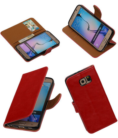 Rood Pull-Up PU Hoesje Samsung Galaxy S6 Booktype Wallet Cover