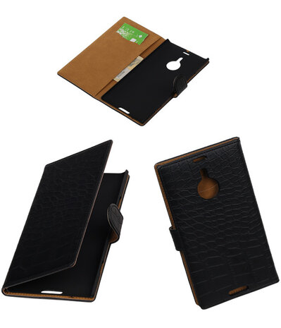Zwart Krokodil Booktype Nokia Lumia 1520 Wallet Cover Hoesje