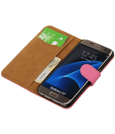 Roze Effen Booktype Samsung Galaxy S7 Wallet Cover Hoesje