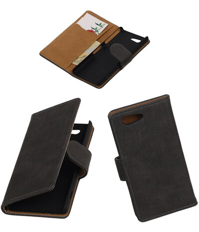 Sony Xperia Z4 Compact Bark Hout Bookstyle Wallet Hoesje Grijs