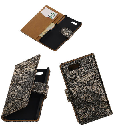 Sony Xperia Z4 Compact Lace Kant Bookstyle Wallet Hoesje Zwart