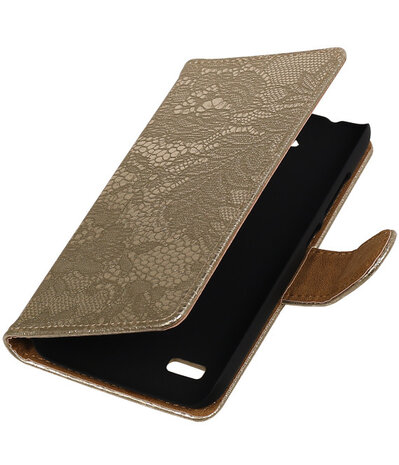 Goud Lace Hout Booktype Huawei Y560 / Y5 Wallet Cover Hoesje