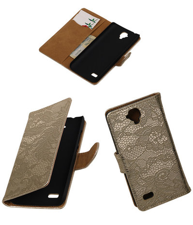 Goud Lace Hout Booktype Huawei Y560 / Y5 Wallet Cover Hoesje
