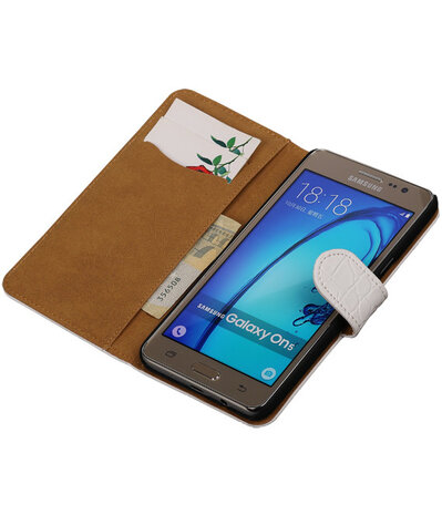 Samsung Galaxy On5 - Krokodil Wit Booktype Wallet Hoesje