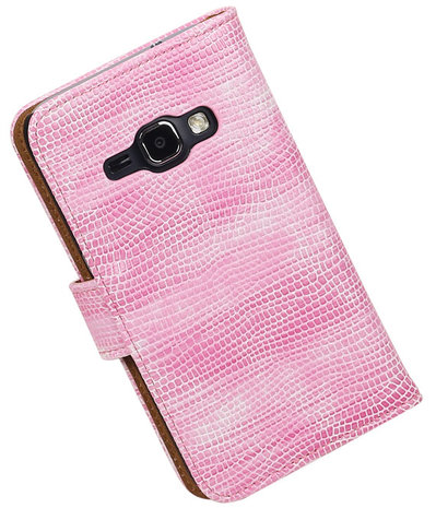 Roze Mini Slang booktype cover hoesje voor Samsung Galaxy J1 (2016)