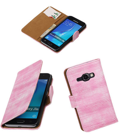 Roze Mini Slang booktype cover hoesje voor Samsung Galaxy J1 (2016)