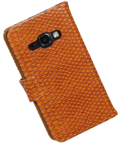 Bruin Slang booktype cover hoesje voor Samsung Galaxy J1 (2016)