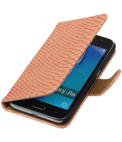Roze Slang booktype cover hoesje voor Samsung Galaxy J1 (2016)