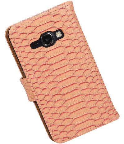 Roze Slang booktype cover hoesje voor Samsung Galaxy J1 (2016)