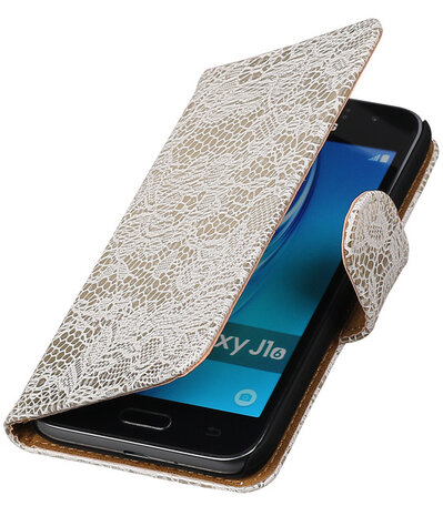 Wit Lace booktype cover hoesje voor Samsung Galaxy J1 (2016)