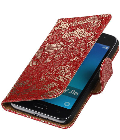 Rood Lace booktype cover hoesje voor Samsung Galaxy J1 (2016)