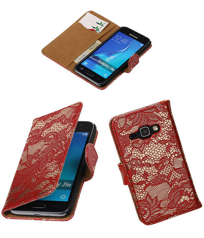 Rood Lace booktype cover hoesje voor Samsung Galaxy J1 (2016)