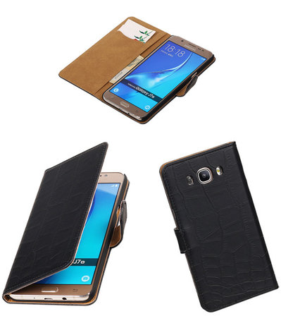 Zwart Krokodil booktype cover hoesje voor Samsung Galaxy J7 2016